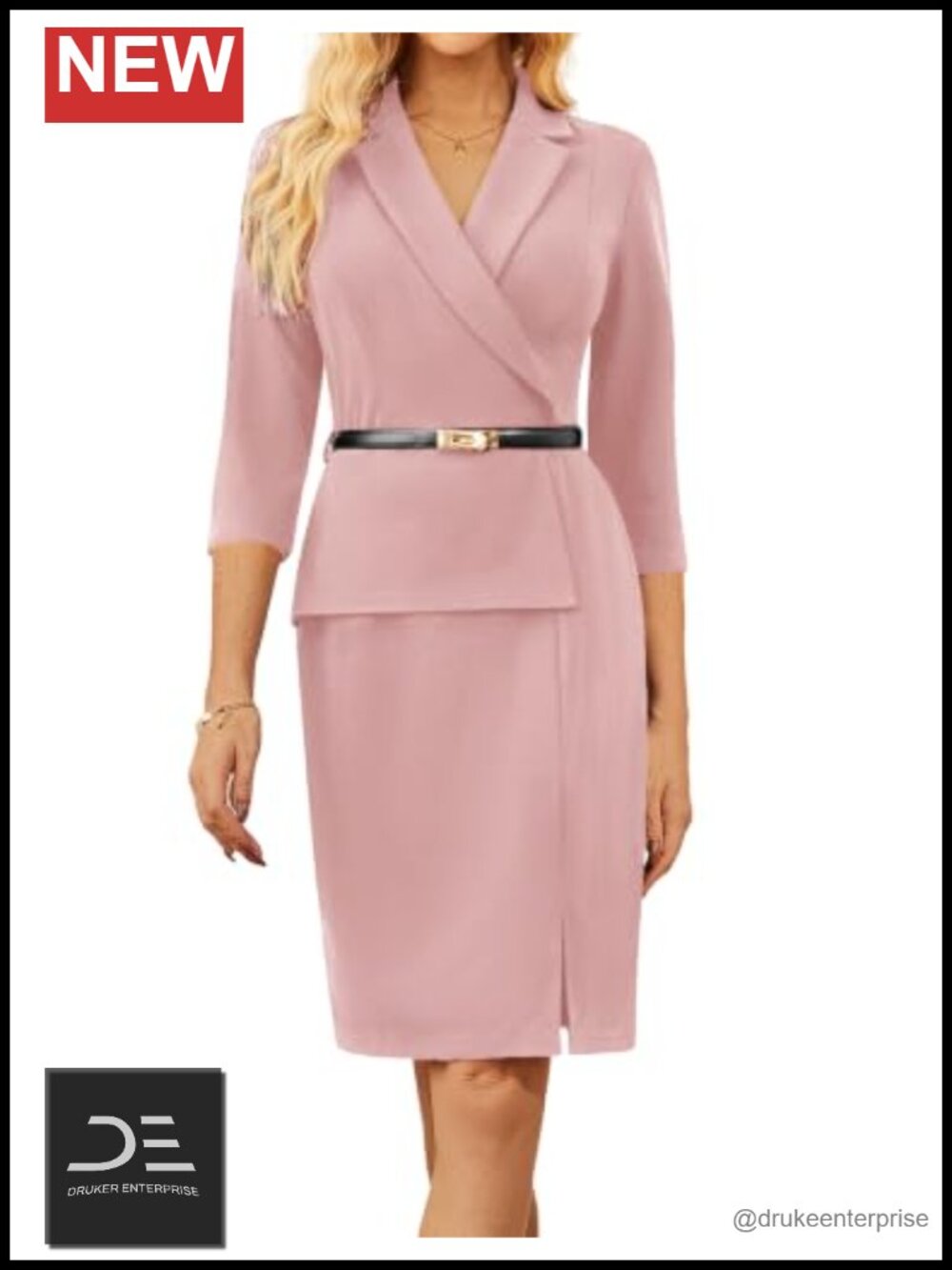 Womens 3/4 Sleeve Business Suit Dress with Belt Notch Lapel Sheath